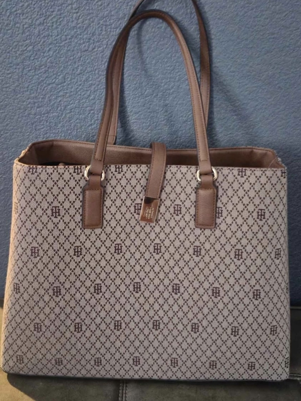 Tommy Hilfiger Beige and Brown Monogrammed Tote with Logo Strap